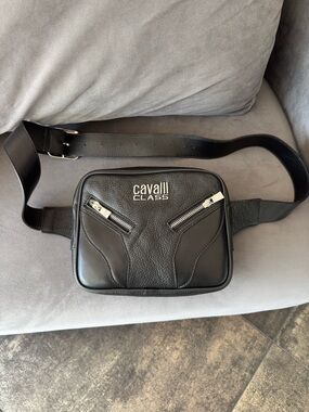 Cavalli Class Black Leather Waist Bag with Silver Zippers
